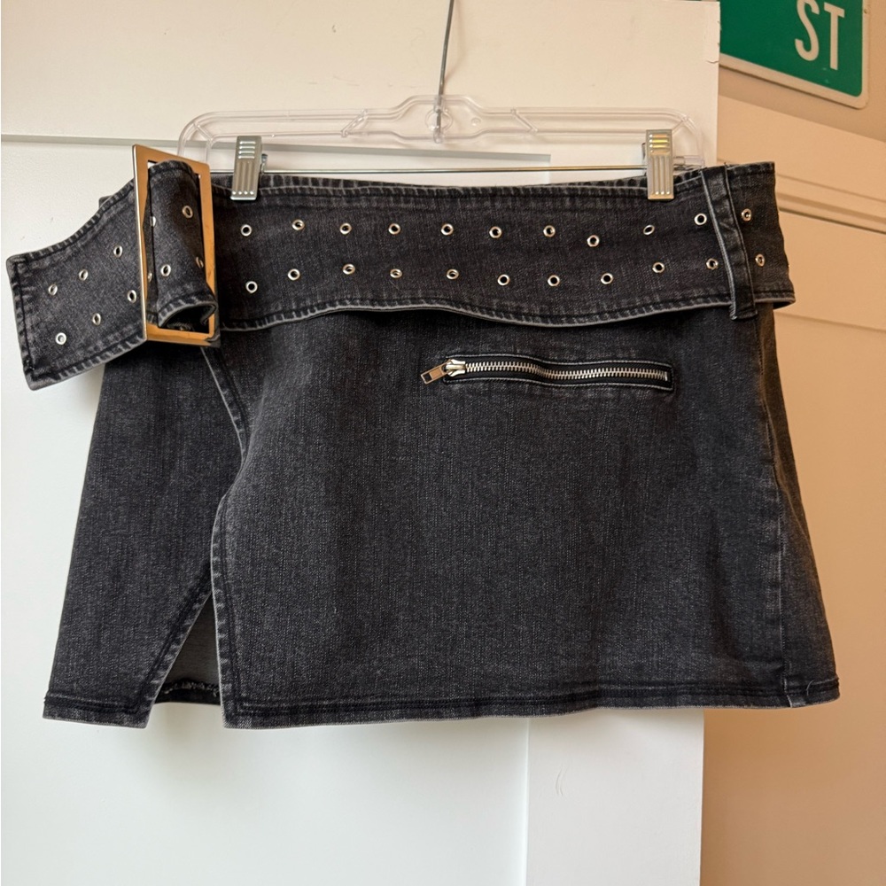 Black Denim Mini Moto Skirt with Belt